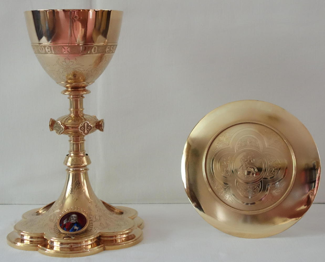 Ref 6266. Antique French Gothic Chalice & Paten with Enamels.